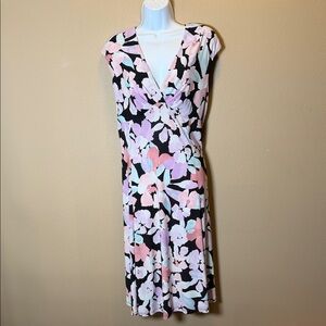 Evan Picone Black Label Floral Midi A-Line Stretch Dress Pink Purple Size 16